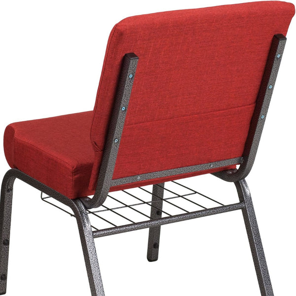 English Elm HERCULES 21''W Padded Church Chair with Book Rack - Comfortable, Durable & Stylish Seating Solution Crimson Fabric/Silver Vein Frame FD-CH0221-4-SV-RED-BAS-GG