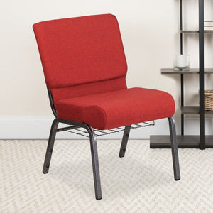 English Elm HERCULES 21''W Padded Church Chair with Book Rack - Comfortable, Durable & Stylish Seating Solution Crimson Fabric/Silver Vein Frame FD-CH0221-4-SV-RED-BAS-GG