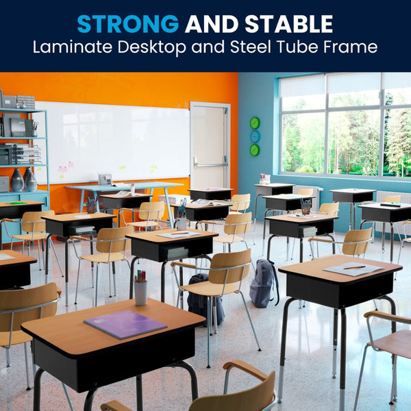 English Elm Billie Student Desk - Durable Workspace with Open Metal Book Box for Classroom and Home Learning Natural Top/Black Frame FD-DESK-GG