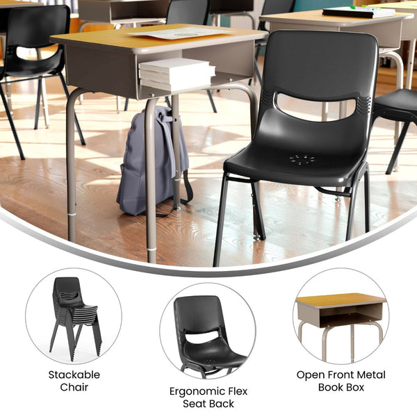 English Elm HERCULES Student Desk and Ergonomic Flex Comfort Chair Set for Organized Learning and Comfort Maple Top/Black Chair FD-DESK-GMP-SCH3BB-GG