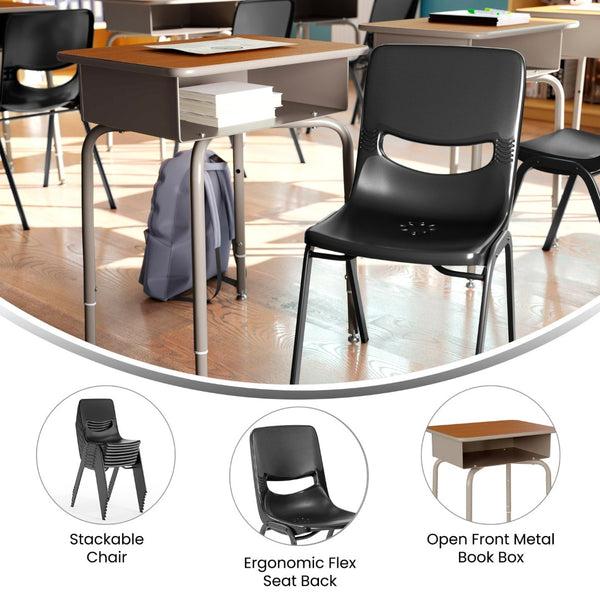 English Elm HERCULES Student Desk and Ergonomic Flex Comfort Chair Set for Organized Learning and Comfort Walnut Top/Black Chair FD-DESK-GWA-SCH3BB-GG