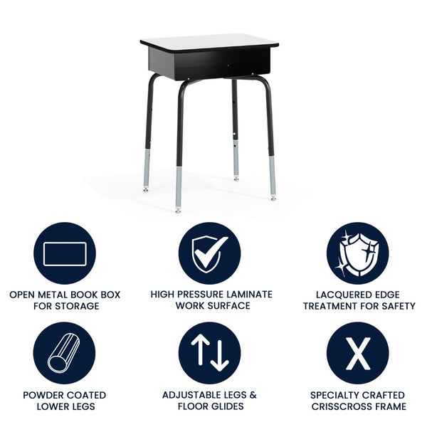 English Elm Billie Student Desk - Durable Workspace with Open Metal Book Box for Classroom and Home Learning Gray Top/Black Frame FD-DESK-GY-GG