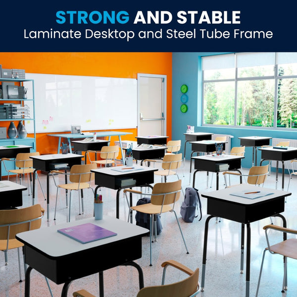 English Elm Billie Student Desk - Durable Workspace with Open Metal Book Box for Classroom and Home Learning Gray Top/Black Frame FD-DESK-GY-GG