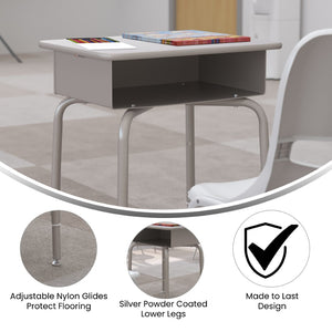 English Elm Billie Student Desk - Durable Workspace with Open Metal Book Box for Classroom and Home Learning Gray Granite Top/Silver Frame FD-DESK-GY-GY-GG