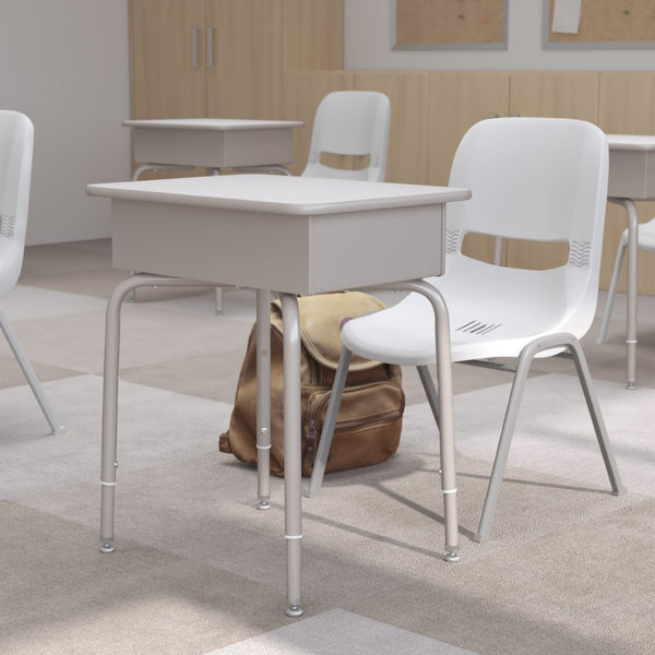 English Elm Billie Student Desk - Durable Workspace with Open Metal Book Box for Classroom and Home Learning Gray Granite Top/Silver Frame FD-DESK-GY-GY-GG