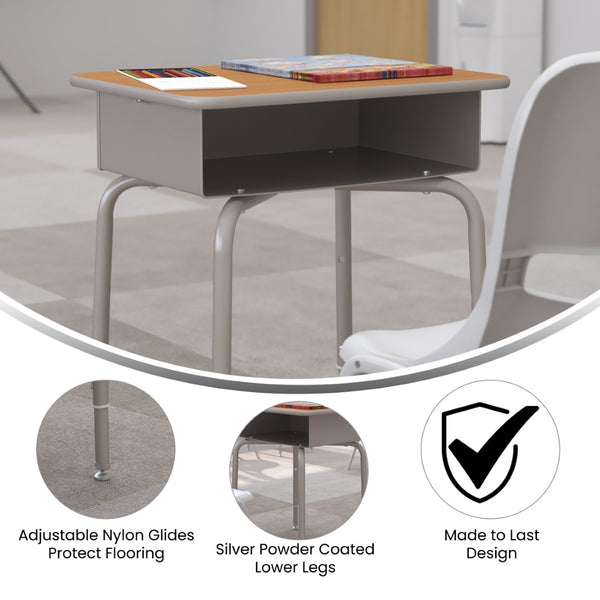 English Elm Billie Student Desk - Durable Workspace with Open Metal Book Box for Classroom and Home Learning Walnut Top/Silver Frame FD-DESK-GY-WAL-GG