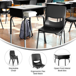 English Elm HERCULES Student Desk and Ergonomic Flex Comfort Chair Set for Organized Learning and Comfort Gray Top/Black Chair FD-DESK-GYB-SCH3BB-GG