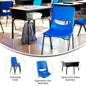 English Elm HERCULES Student Desk and Ergonomic Flex Comfort Chair Set for Organized Learning and Comfort Gray Top/Navy Chair FD-DESK-GYB-SCH3NB-GG