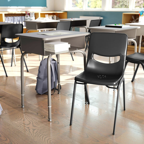 English Elm HERCULES Student Desk and Ergonomic Flex Comfort Chair Set for Organized Learning and Comfort Gray Granite Top/Black Chair FD-DESK-GYG-SCH3BB-GG