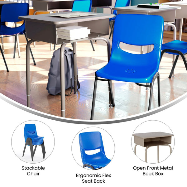 English Elm HERCULES Student Desk and Ergonomic Flex Comfort Chair Set for Organized Learning and Comfort Gray Granite Top/Navy Chair FD-DESK-GYG-SCH3NB-GG