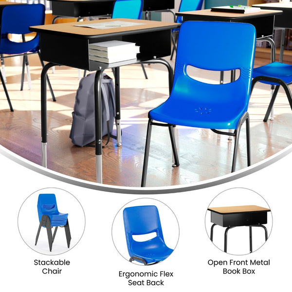 English Elm HERCULES Student Desk and Ergonomic Flex Comfort Chair Set for Organized Learning and Comfort Natural Top/Navy Chair FD-DESK-NAB-SCH3NB-GG