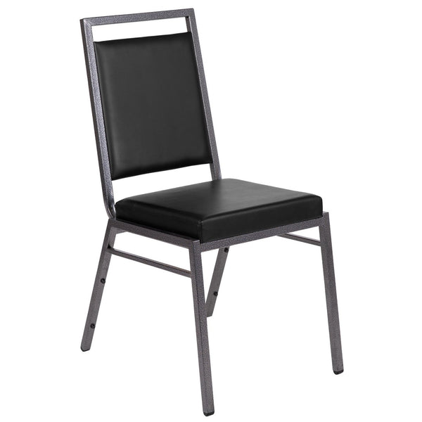 English Elm HERCULES Series Stacking Banquet Chair - Durable, Comfortable, and Space-Saving for Events Black Vinyl/Silver Vein Frame FD-LUX-SIL-BK-V-GG