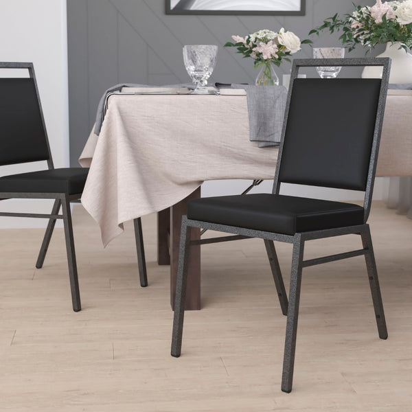English Elm HERCULES Series Stacking Banquet Chair - Durable, Comfortable, and Space-Saving for Events Black Vinyl/Silver Vein Frame FD-LUX-SIL-BK-V-GG