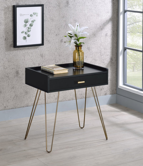 ORE International 23.5 Allen Mid-Century Accent Table with Copper Hairpin Legs and Slim Storage Drawer FF-0707BK