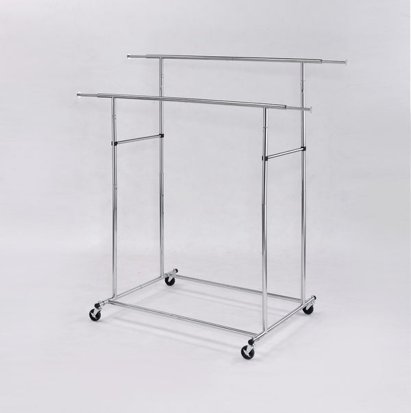 ORE International 65In Dual Bar Industrial Garment Rack with Chrome Steel Rolling Frame and Adjustable Height FF-2056