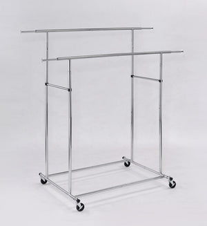 ORE International 65In Dual Bar Industrial Garment Rack with Chrome Steel Rolling Frame and Adjustable Height FF-2056