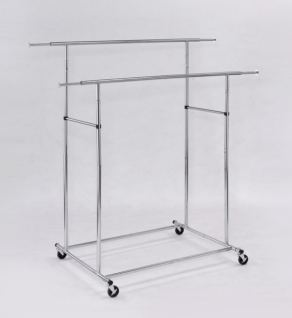 ORE International 65In Dual Bar Industrial Garment Rack with Chrome Steel Rolling Frame and Adjustable Height FF-2056