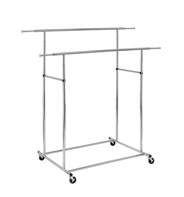 ORE International 65In Dual Bar Industrial Garment Rack with Chrome Steel Rolling Frame and Adjustable Height FF-2056