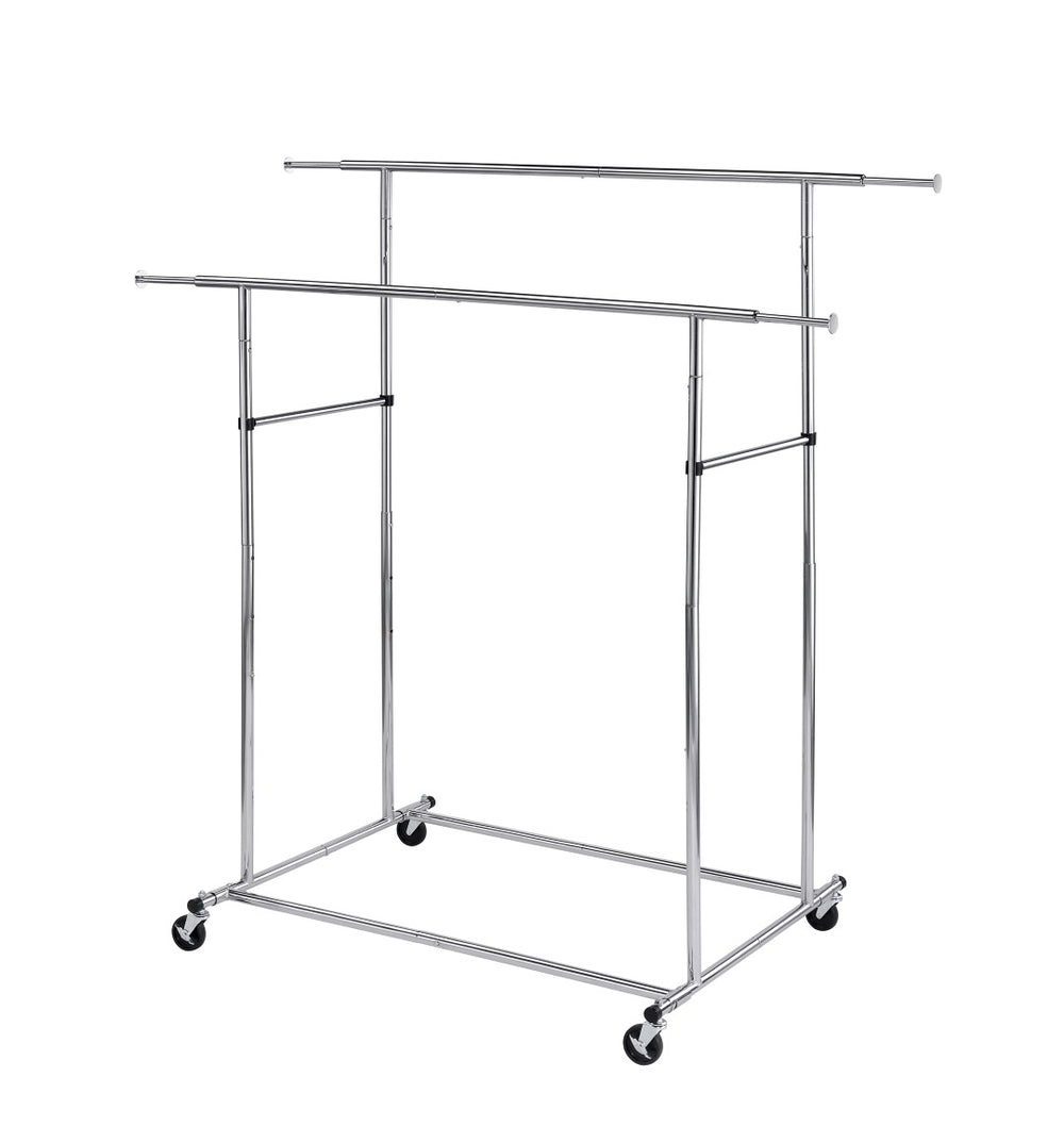 ORE International 65In Dual Bar Industrial Garment Rack with Chrome Steel Rolling Frame and Adjustable Height FF-2056