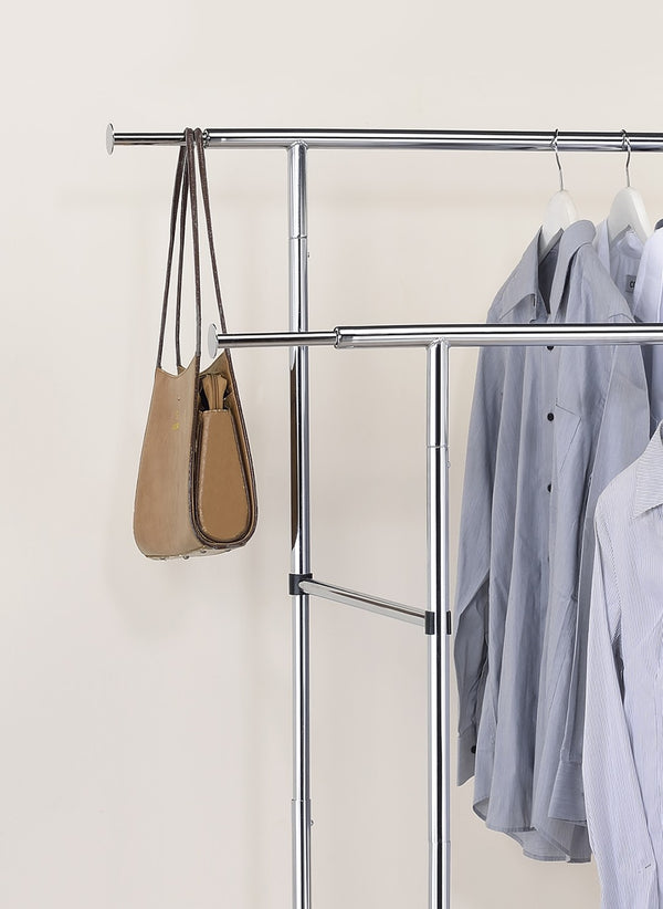 ORE International 65In Dual Bar Industrial Garment Rack with Chrome Steel Rolling Frame and Adjustable Height FF-2056