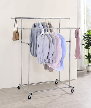 ORE International 65In Dual Bar Industrial Garment Rack with Chrome Steel Rolling Frame and Adjustable Height FF-2056