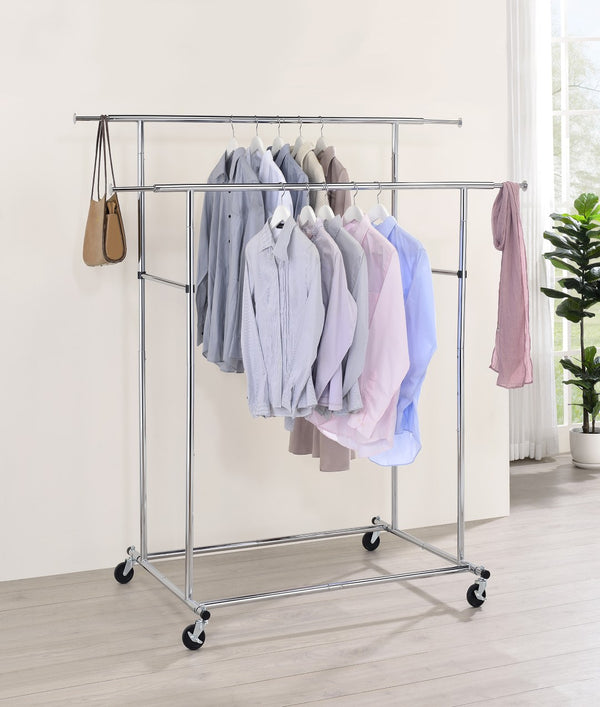 ORE International 65In Dual Bar Industrial Garment Rack with Chrome Steel Rolling Frame and Adjustable Height FF-2056