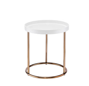 ORE International 21.75 Inch White Round Tray Top Side Table with Copper Chrome Legs Mid-Century Modern FF-2058WH