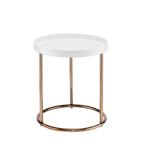 ORE International 21.75 Inch White Round Tray Top Side Table with Copper Chrome Legs Mid-Century Modern FF-2058WH