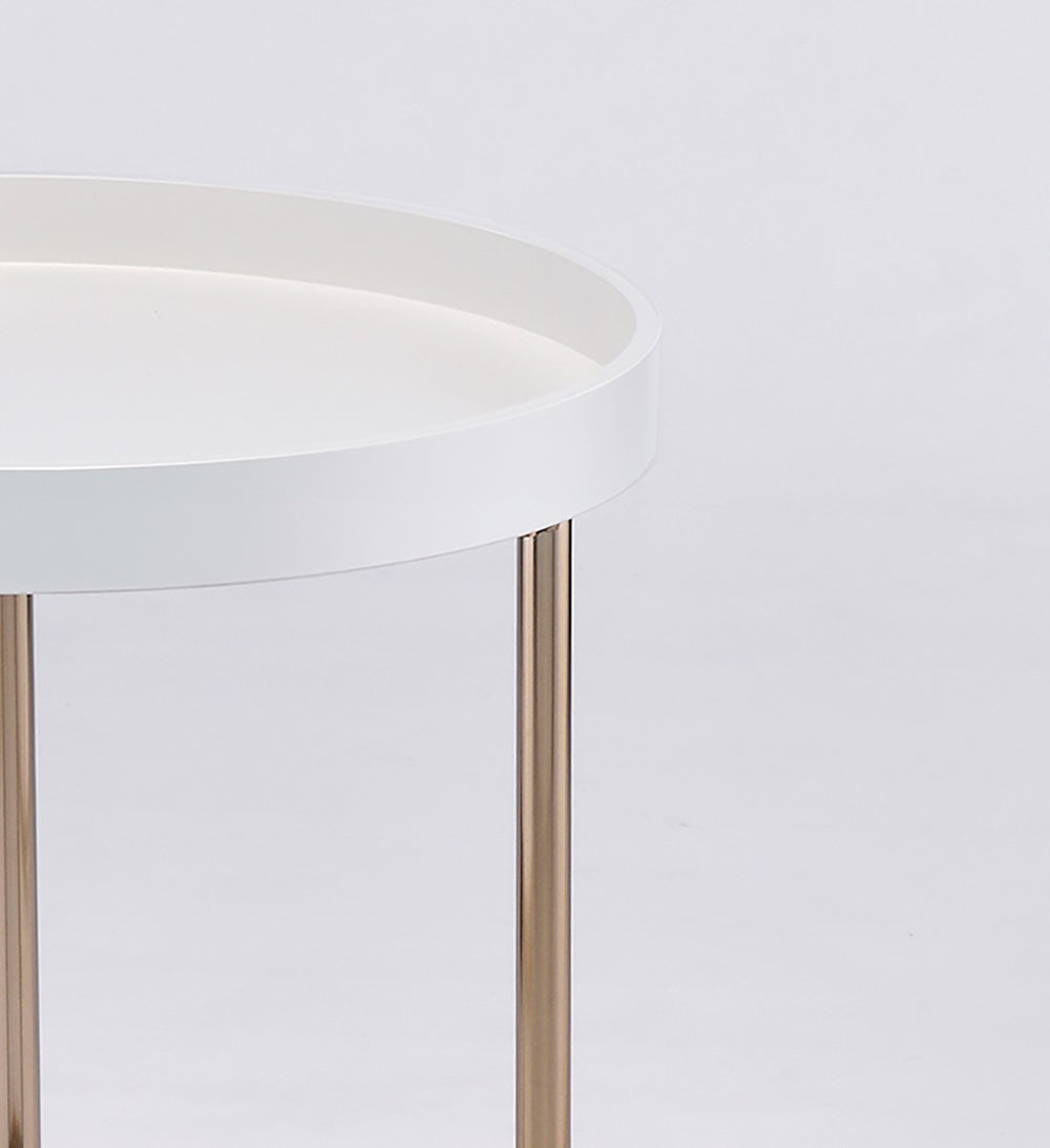 ORE International 21.75 Inch White Round Tray Top Side Table with Copper Chrome Legs Mid-Century Modern FF-2058WH