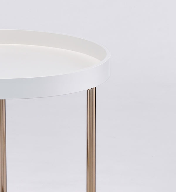ORE International 21.75 Inch White Round Tray Top Side Table with Copper Chrome Legs Mid-Century Modern FF-2058WH