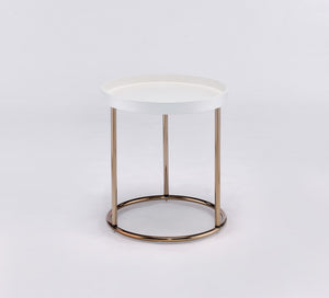 ORE International 21.75 Inch White Round Tray Top Side Table with Copper Chrome Legs Mid-Century Modern FF-2058WH
