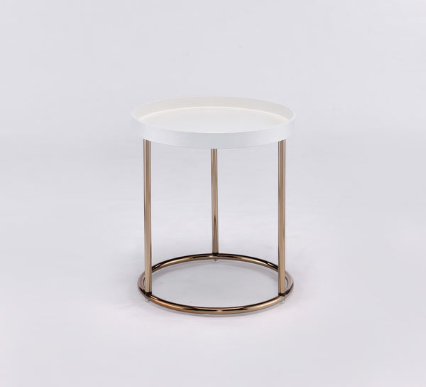 ORE International 21.75 Inch White Round Tray Top Side Table with Copper Chrome Legs Mid-Century Modern FF-2058WH