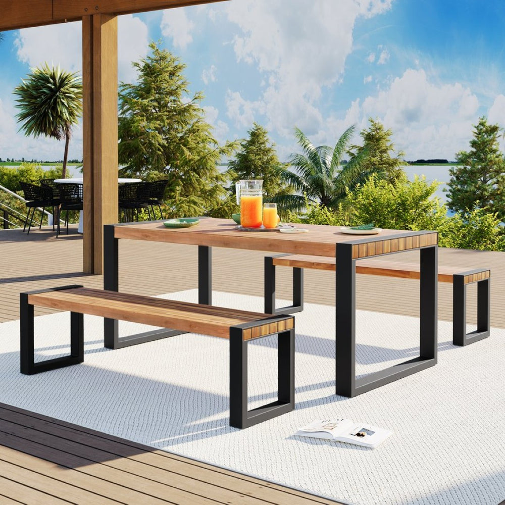 English Elm Go Acacia Wood Outdoor Dining Set with Steel Frame Benches for Patio or Indoor Use FG201232AAA
