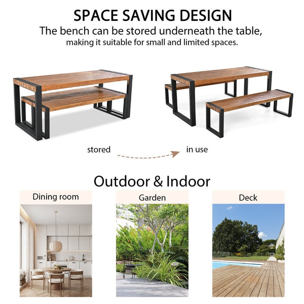 English Elm Go Acacia Wood Outdoor Dining Set with Steel Frame Benches for Patio or Indoor Use FG201232AAA