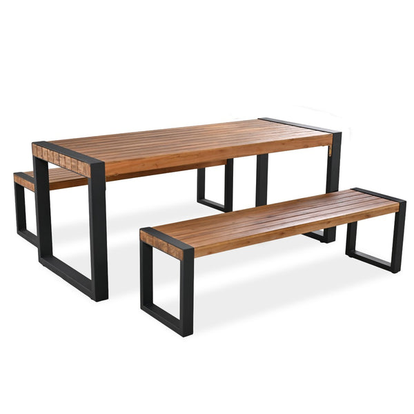 English Elm Go Acacia Wood Outdoor Dining Set with Steel Frame Benches for Patio or Indoor Use FG201232AAA