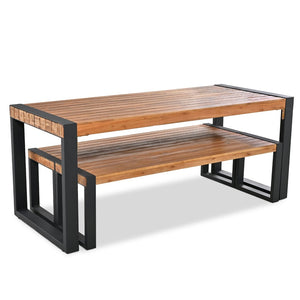 English Elm Go Acacia Wood Outdoor Dining Set with Steel Frame Benches for Patio or Indoor Use FG201232AAA