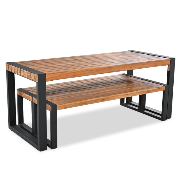 English Elm Go Acacia Wood Outdoor Dining Set with Steel Frame Benches for Patio or Indoor Use FG201232AAA