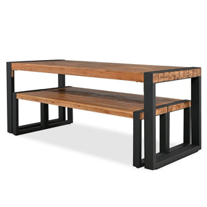 English Elm Go Acacia Wood Outdoor Dining Set with Steel Frame Benches for Patio or Indoor Use FG201232AAA