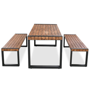 English Elm Go Acacia Wood Outdoor Dining Set with Steel Frame Benches for Patio or Indoor Use FG201232AAA