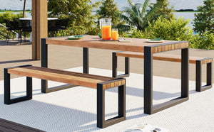 English Elm Go Acacia Wood Outdoor Dining Set with Steel Frame Benches for Patio or Indoor Use FG201232AAA
