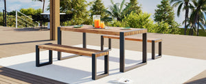 English Elm Go Acacia Wood Outdoor Dining Set with Steel Frame Benches for Patio or Indoor Use FG201232AAA