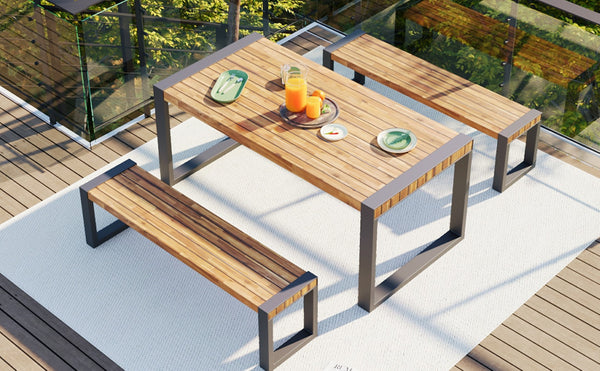 English Elm Go Acacia Wood Outdoor Dining Set with Steel Frame Benches for Patio or Indoor Use FG201232AAA