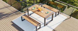 English Elm Go Acacia Wood Outdoor Dining Set with Steel Frame Benches for Patio or Indoor Use FG201232AAA