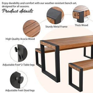 English Elm Go Acacia Wood Outdoor Dining Set with Steel Frame Benches for Patio or Indoor Use FG201232AAA