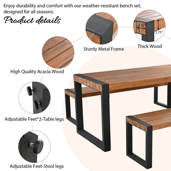 English Elm Go Acacia Wood Outdoor Dining Set with Steel Frame Benches for Patio or Indoor Use FG201232AAA