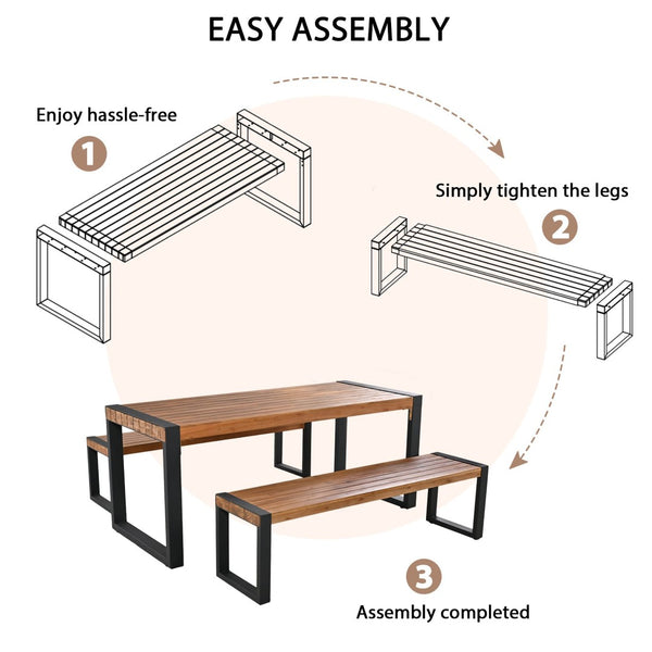 English Elm Go Acacia Wood Outdoor Dining Set with Steel Frame Benches for Patio or Indoor Use FG201232AAA