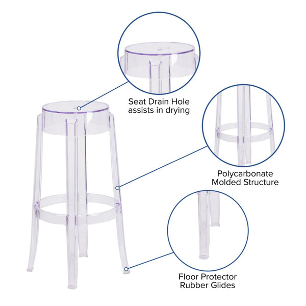 English Elm Laney Modern Transparent Barstool - Sleek, Stackable, Weather-Resistant Design for Indoor/Outdoor Use FH-118-APC2-GG