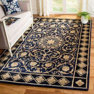 Safavieh Florence Hand Knotted Wool Area Rug - Luxurious Medallion Design With Botanical Motifs For Elegance Navy ,Black Wool Pile Fl06a-8r