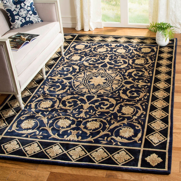 Safavieh Florence Hand Knotted Wool Area Rug - Luxurious Medallion Design With Botanical Motifs For Elegance Navy ,Black Wool Pile Fl06a-8r