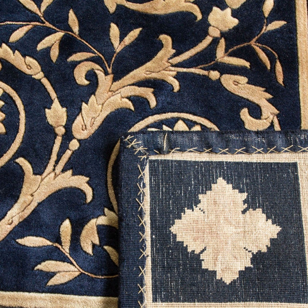 Safavieh Florence Hand Knotted Wool Area Rug - Luxurious Medallion Design With Botanical Motifs For Elegance Navy ,Black Wool Pile Fl06a-8r